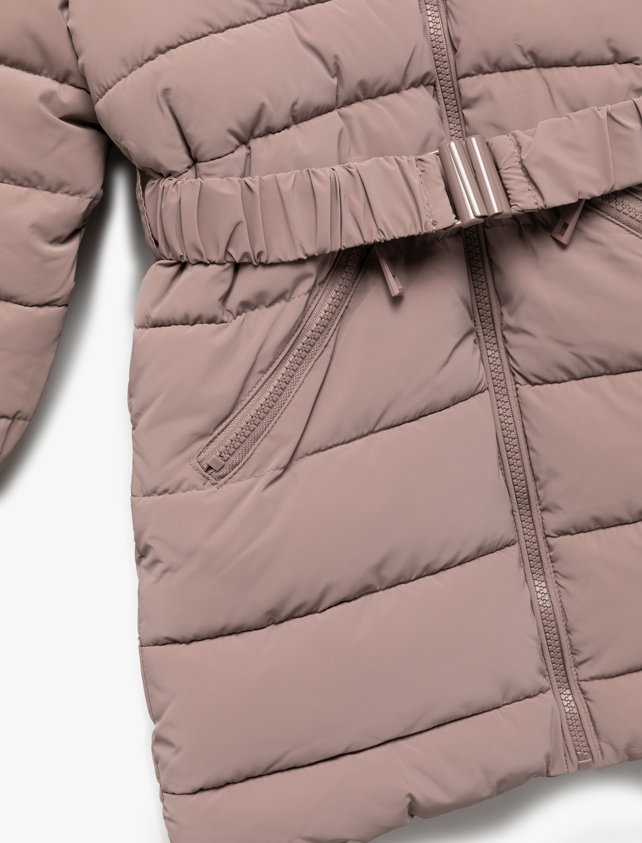  Kız Çocuk Uzun Şişme Kapşonlu Mont Kürk Detaylı Cepli Kemerli