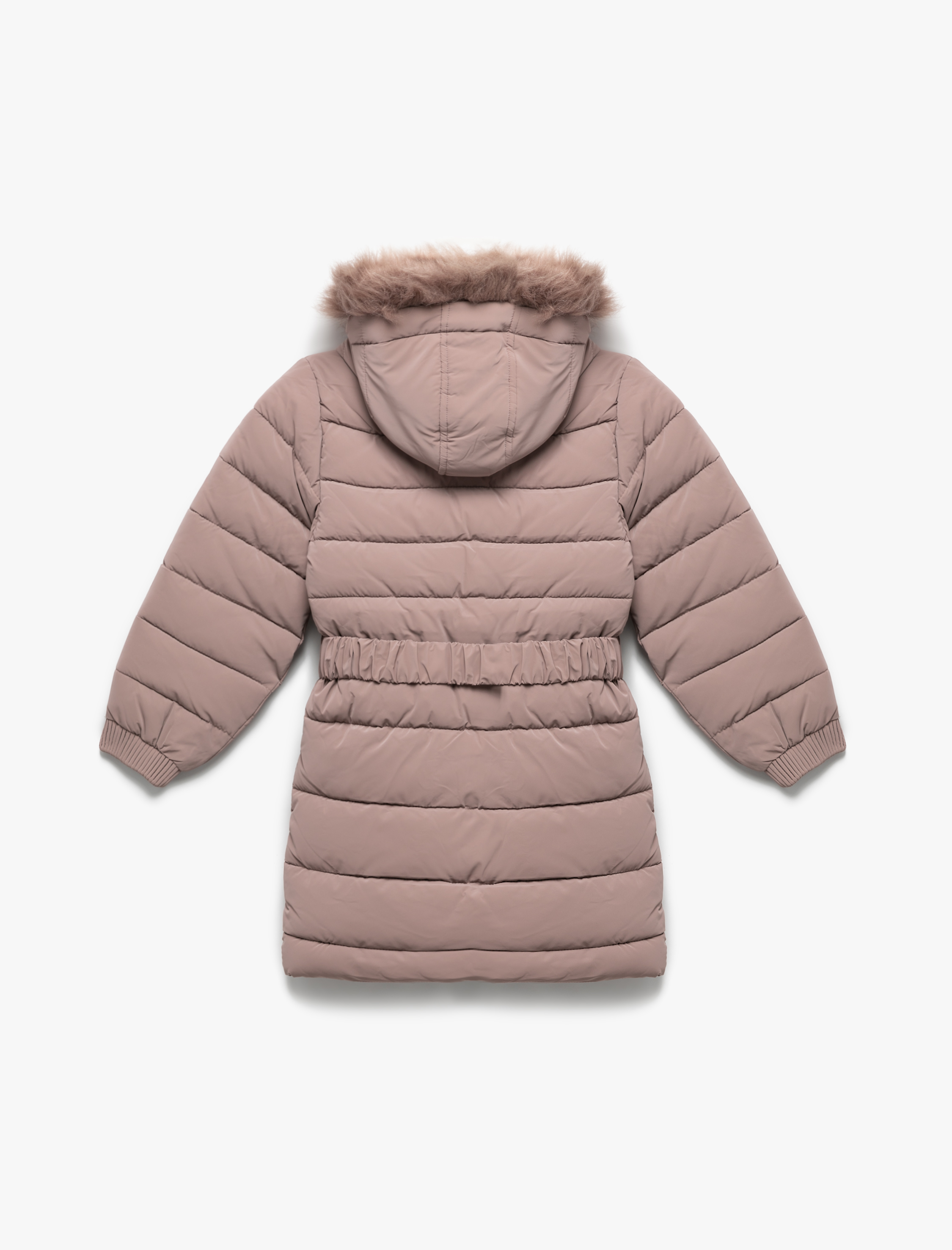  Kız Çocuk Uzun Şişme Kapşonlu Mont Kürk Detaylı Cepli Kemerli