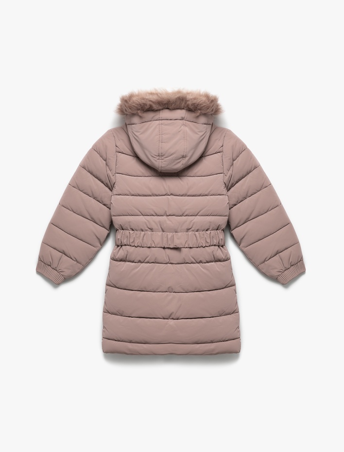 Kız Çocuk Uzun Şişme Kapşonlu Mont Kürk Detaylı Cepli Kemerli