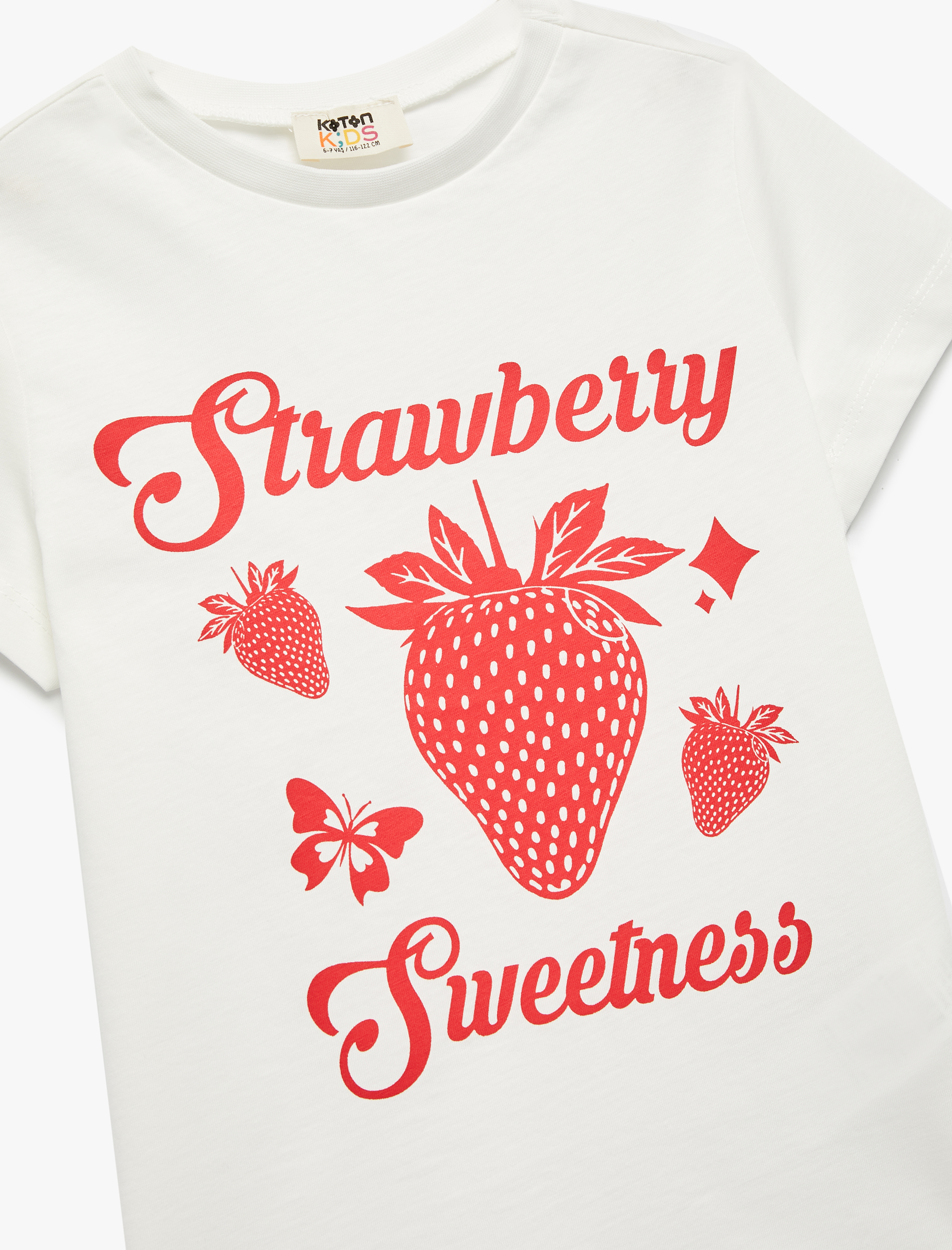  Kız Çocuk Çilek Baskılı Pamuklu Bisiklet Yaka Kısa Kollu Tişört
