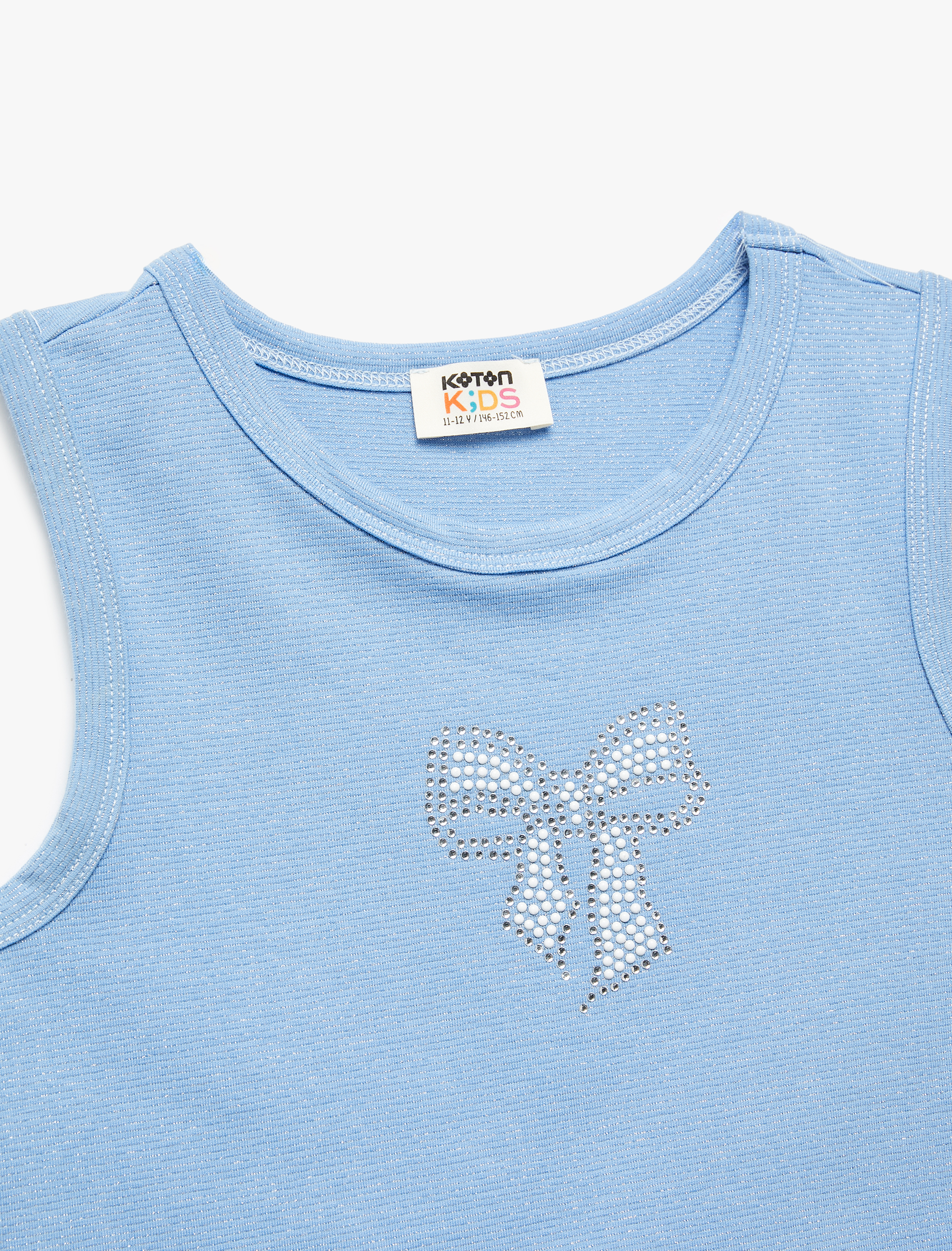  Kız Çocuk Pamuklu Bisiklet Yaka Slim Fit Fiyonk Baskılı Taş Detaylı Kolsuz Crop Atlet