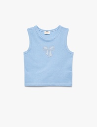 Pamuklu Bisiklet Yaka Slim Fit Fiyonk Baskılı Taş Detaylı Kolsuz Crop Atlet