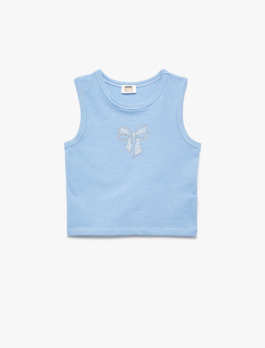  Kız Çocuk Pamuklu Bisiklet Yaka Slim Fit Fiyonk Baskılı Taş Detaylı Kolsuz Crop Atlet
