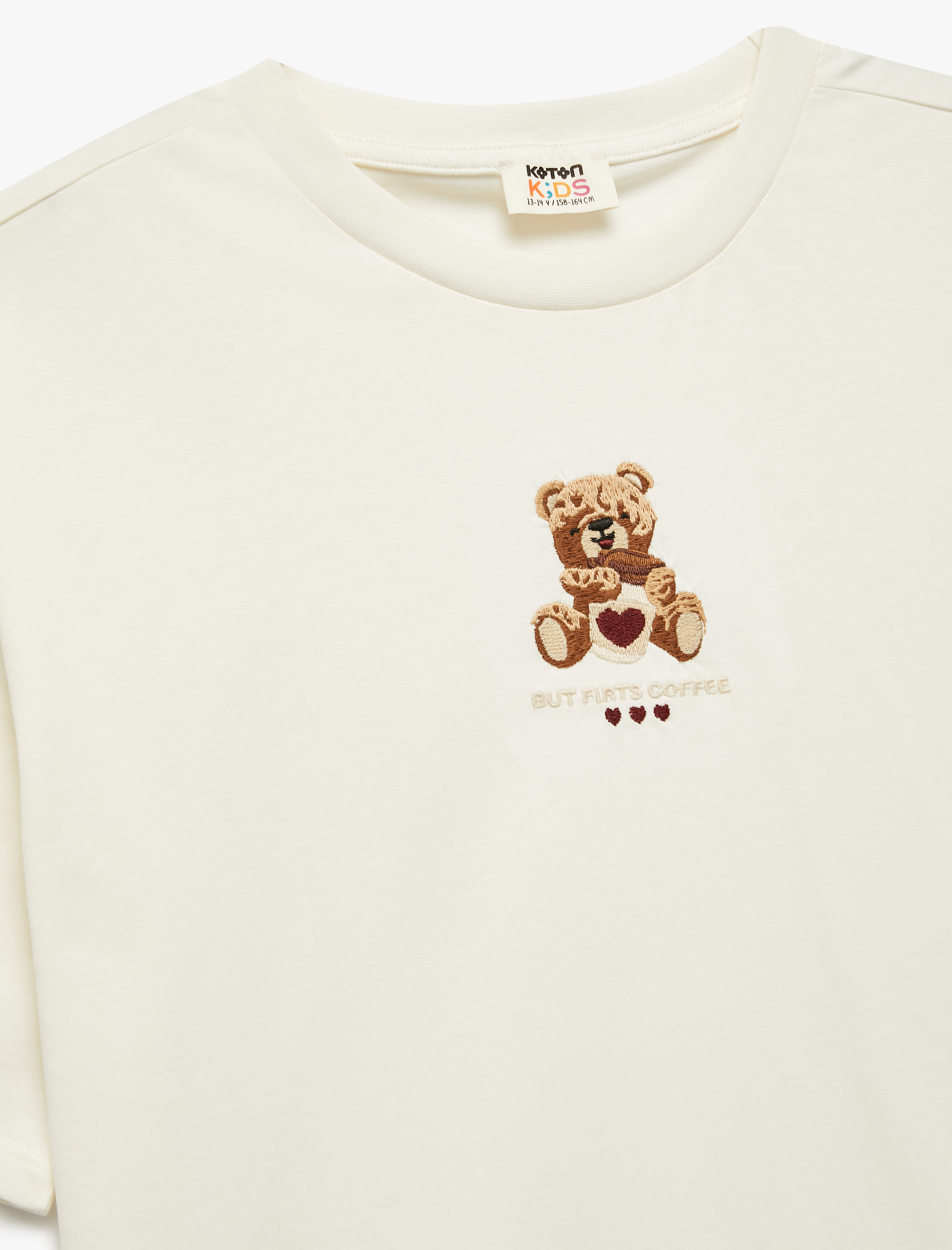  Kız Çocuk Pamuklu Ayıcık Nakış Detaylı Kısa Kollu Bisiklet Yaka Tişört