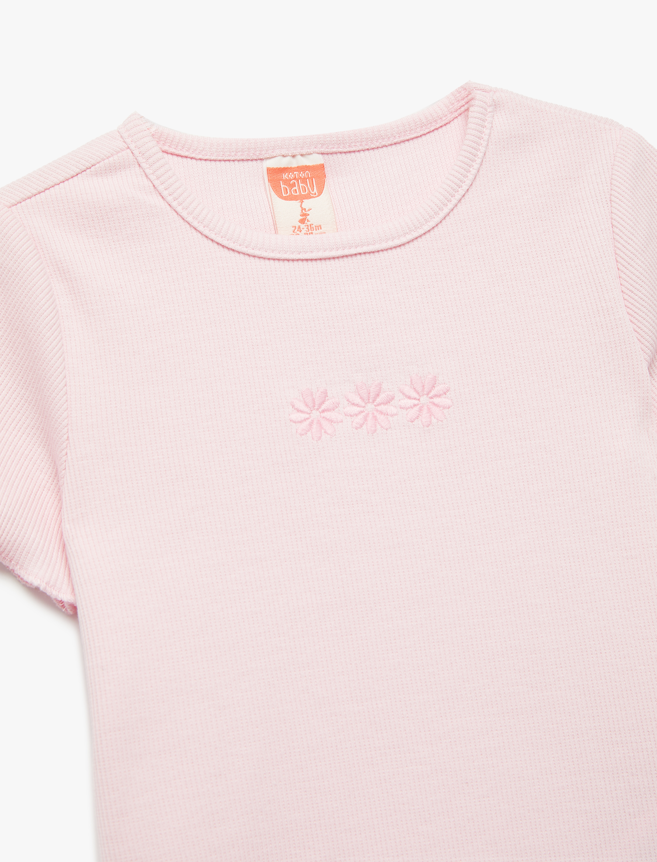  Kız Bebek Pamuklu Kısa Kollu Kaşkorse Çiçek Nakışlı Bisiklet Yaka Tişört