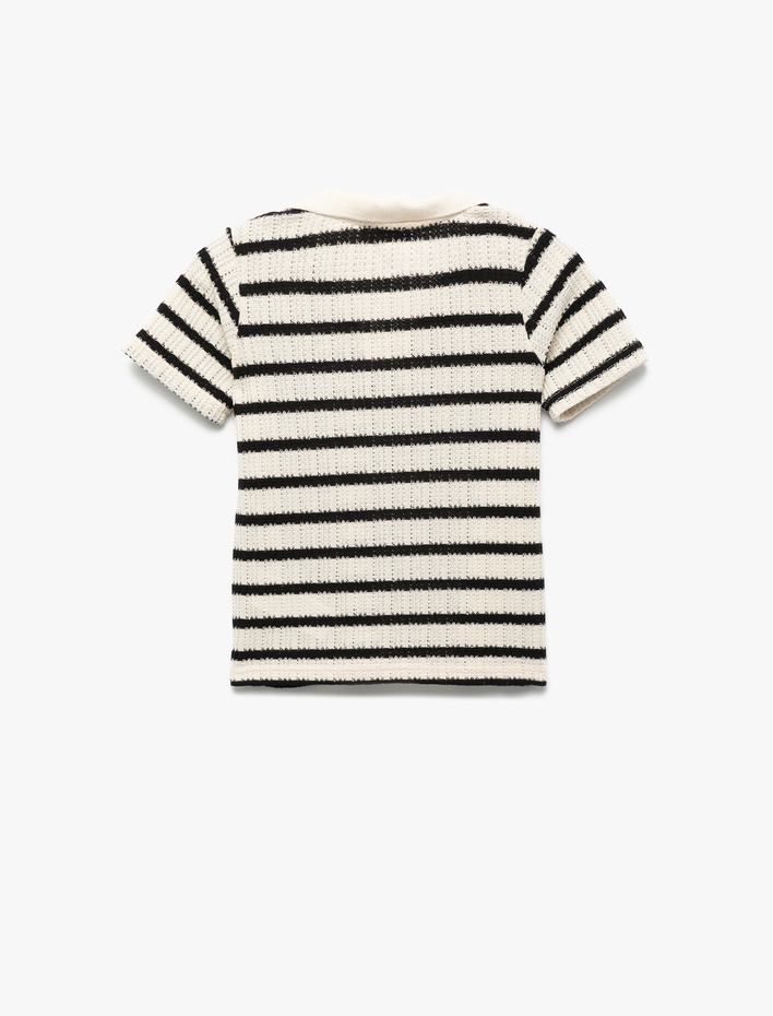 Erkek Çocuk Kısa Kollu Çizgili Polo Yaka Ajurlu Kroşe Tişört