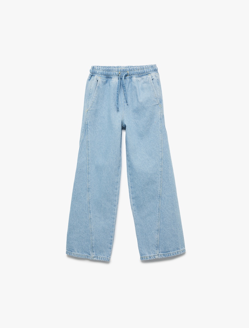  Kız Çocuk Beli Bağcıklı Cep Detaylı Geniş Paça Jean Pantolon