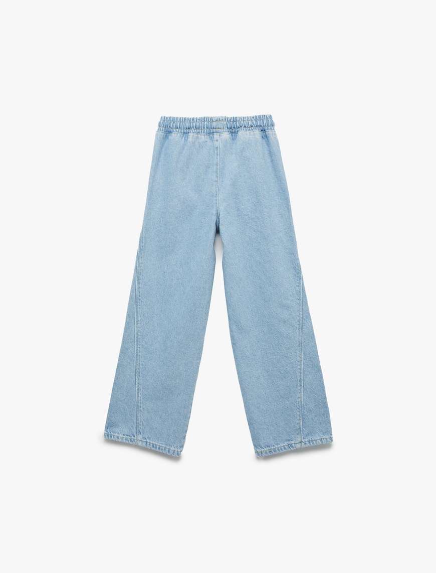  Kız Çocuk Beli Bağcıklı Cep Detaylı Geniş Paça Jean Pantolon