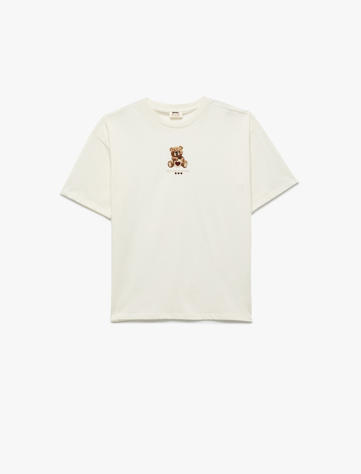Kız Çocuk Pamuklu Ayıcık Nakış Detaylı Kısa Kollu Bisiklet Yaka Tişört