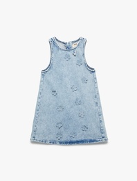 Pamuklu Bisiklet Yaka Fermuarlı Kolsuz Çiçekli Denim Elbise