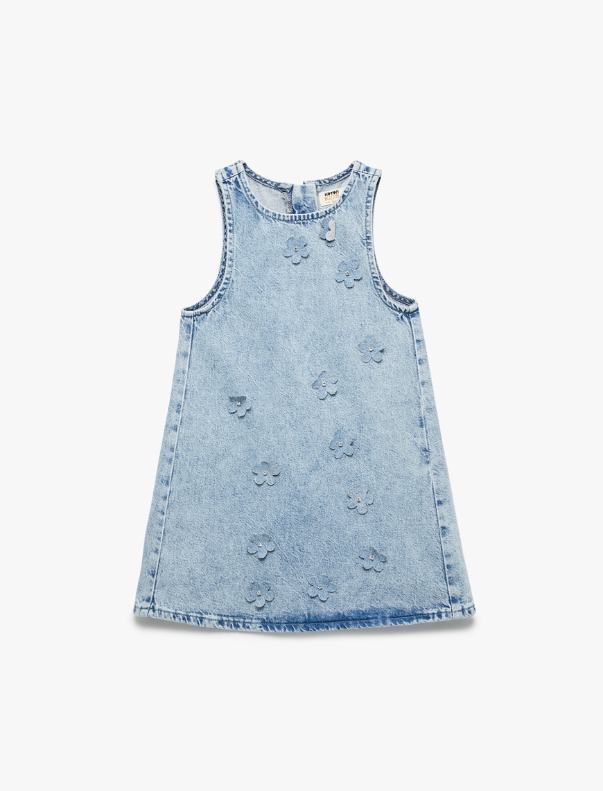  Kız Çocuk Pamuklu Bisiklet Yaka Fermuarlı Kolsuz Çiçekli Denim Elbise