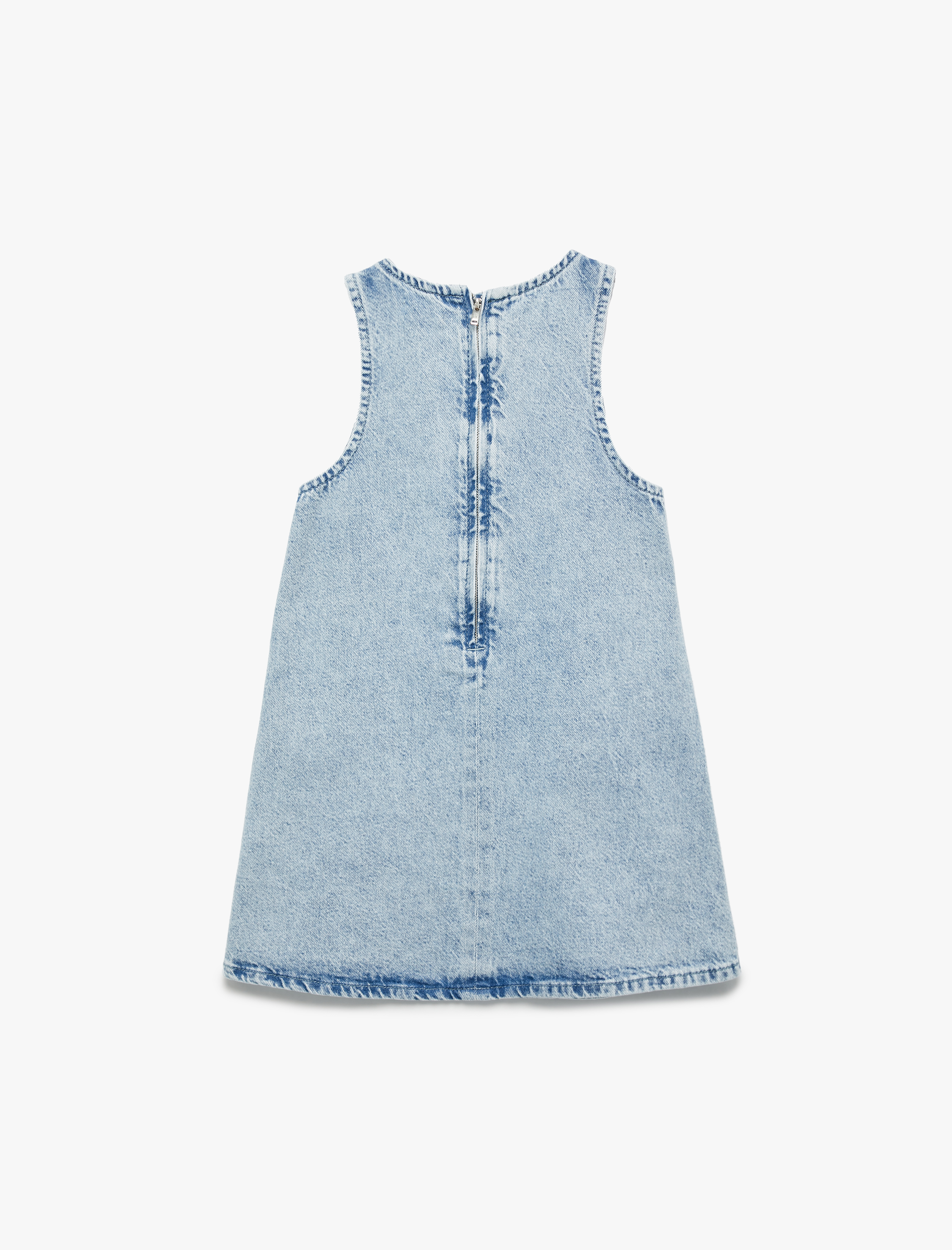  Kız Çocuk Pamuklu Bisiklet Yaka Fermuarlı Kolsuz Çiçekli Denim Elbise