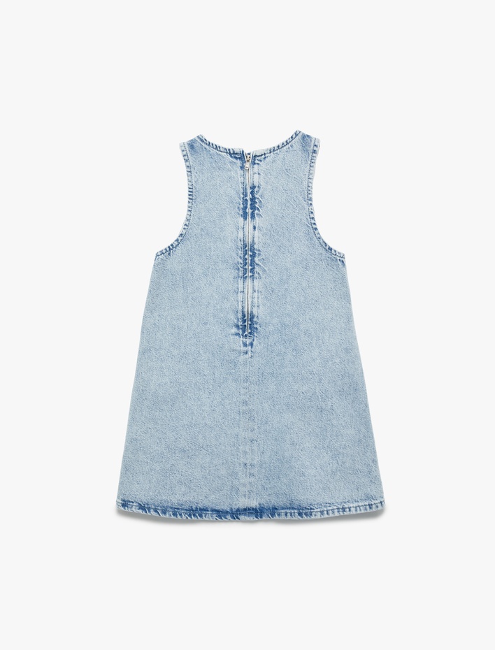 Kız Çocuk Pamuklu Bisiklet Yaka Fermuarlı Kolsuz Çiçekli Denim Elbise