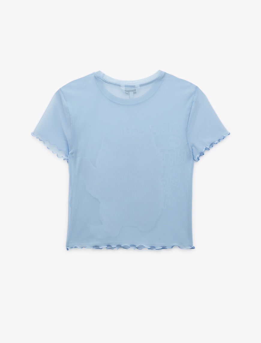   Kısa Kollu Bisiklet Yaka Slim Fit Kedi Baskılı Crop Tişört