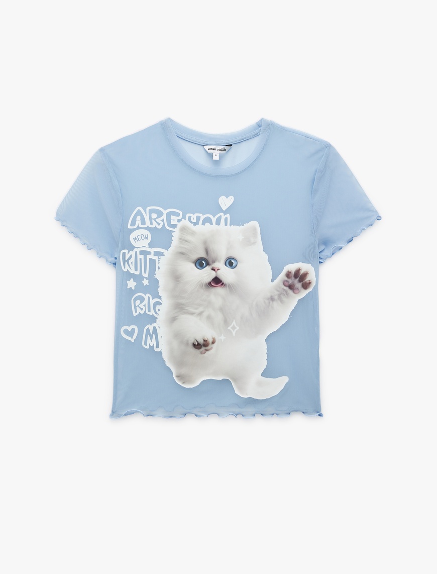   Kısa Kollu Bisiklet Yaka Slim Fit Kedi Baskılı Crop Tişört