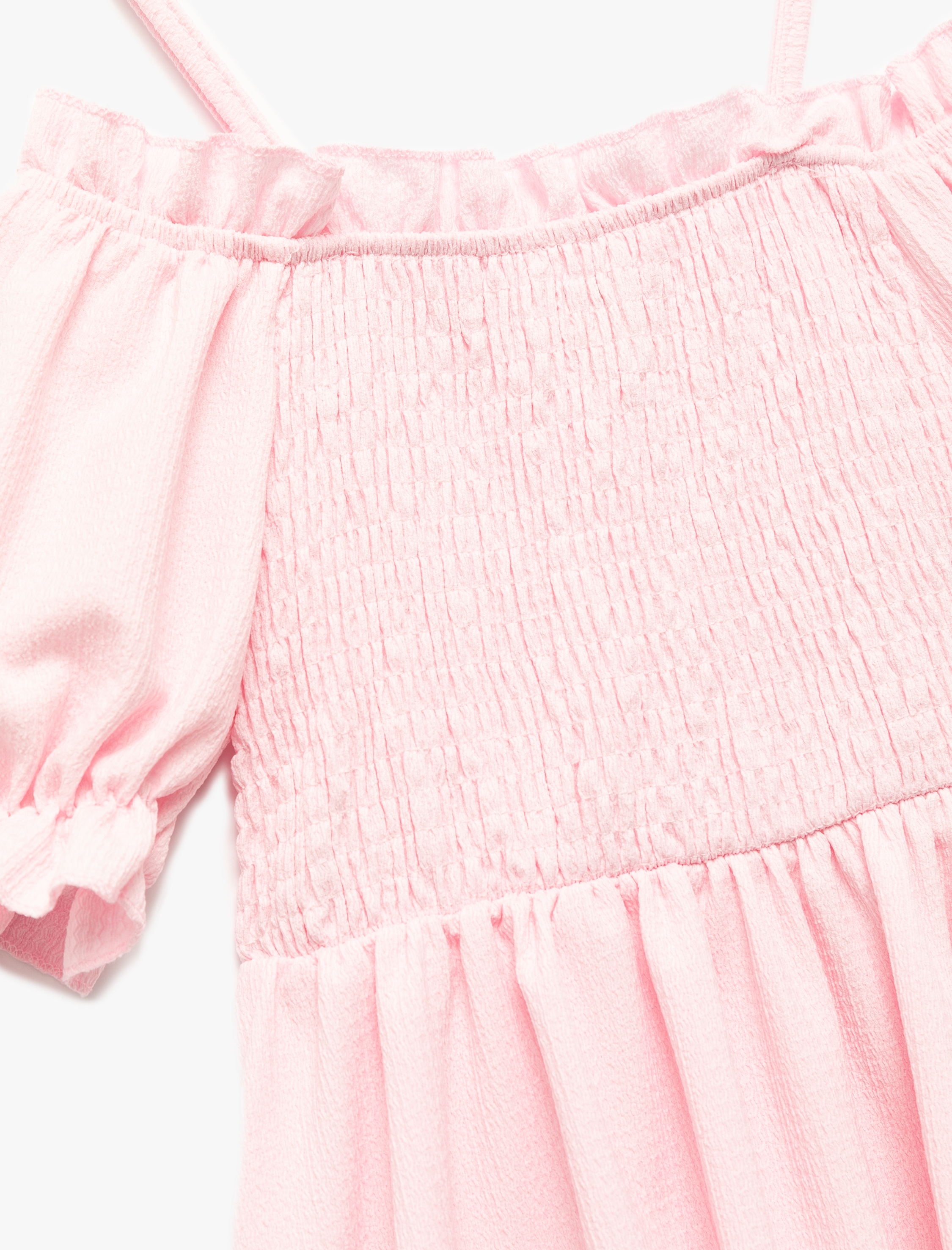  Kız Çocuk Midi Boy Bürümcük Kısa Kollu Omzu Açık Gipeli Elbise