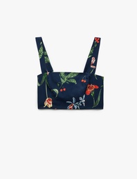 Pamuklu Poplin Kumaş Slim Fit Kare Yaka Askılı Kiraz Baskılı Çiçekli Crop Büstiyer