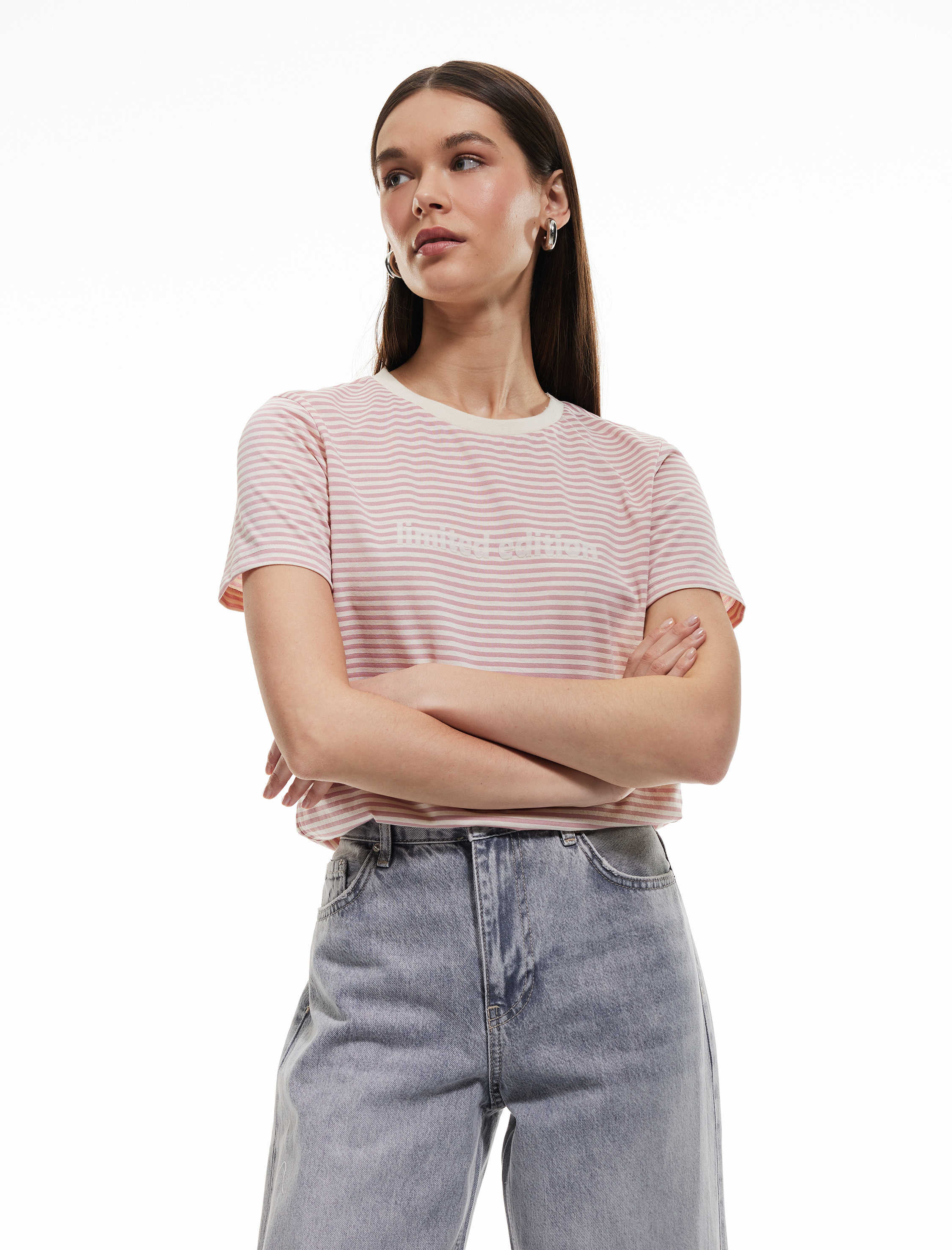   Çizgili Baskılı Bisiklet Yaka Kısa Kollu Tişört