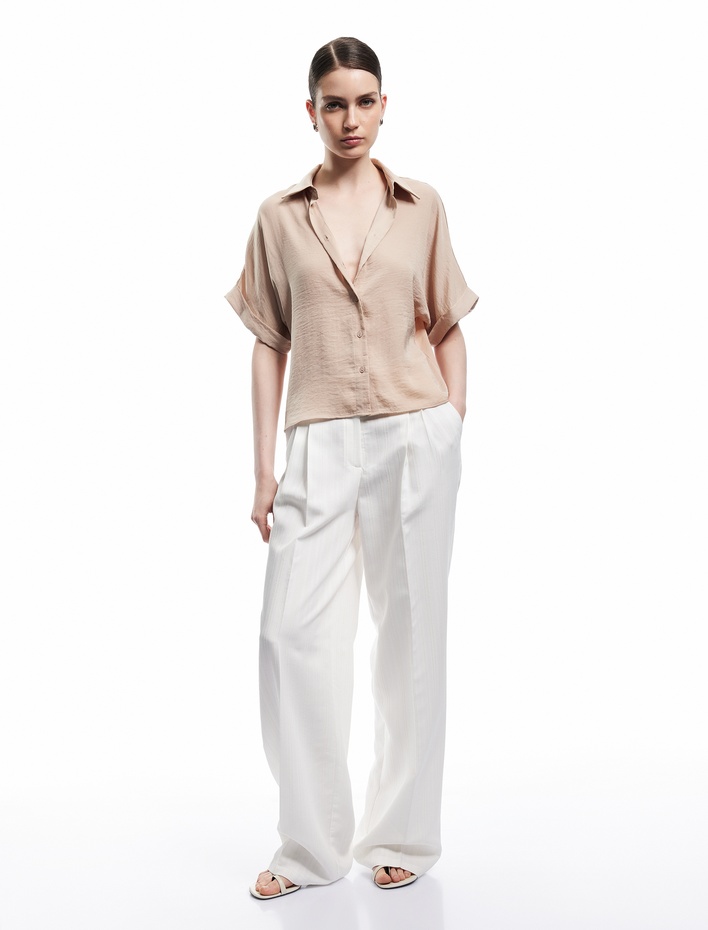  Aerobin Kumaş Kısa Kollu Klasik Yaka Saten Oversize Gömlek