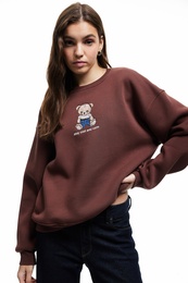 Ayıcık Nakışlı Şardonlu Uzun Kollu Bisiklet Yaka Oversize Sweatshirt