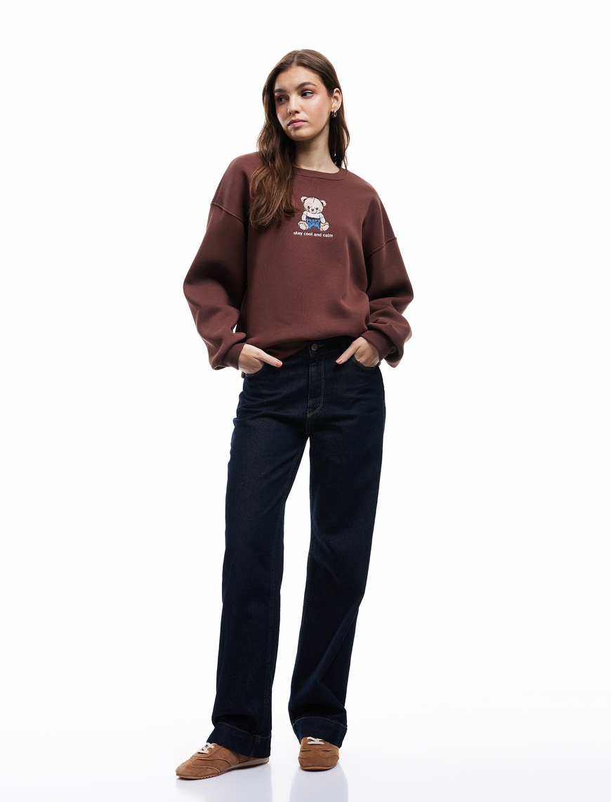   Ayıcık Nakışlı Şardonlu Uzun Kollu Bisiklet Yaka Oversize Sweatshirt