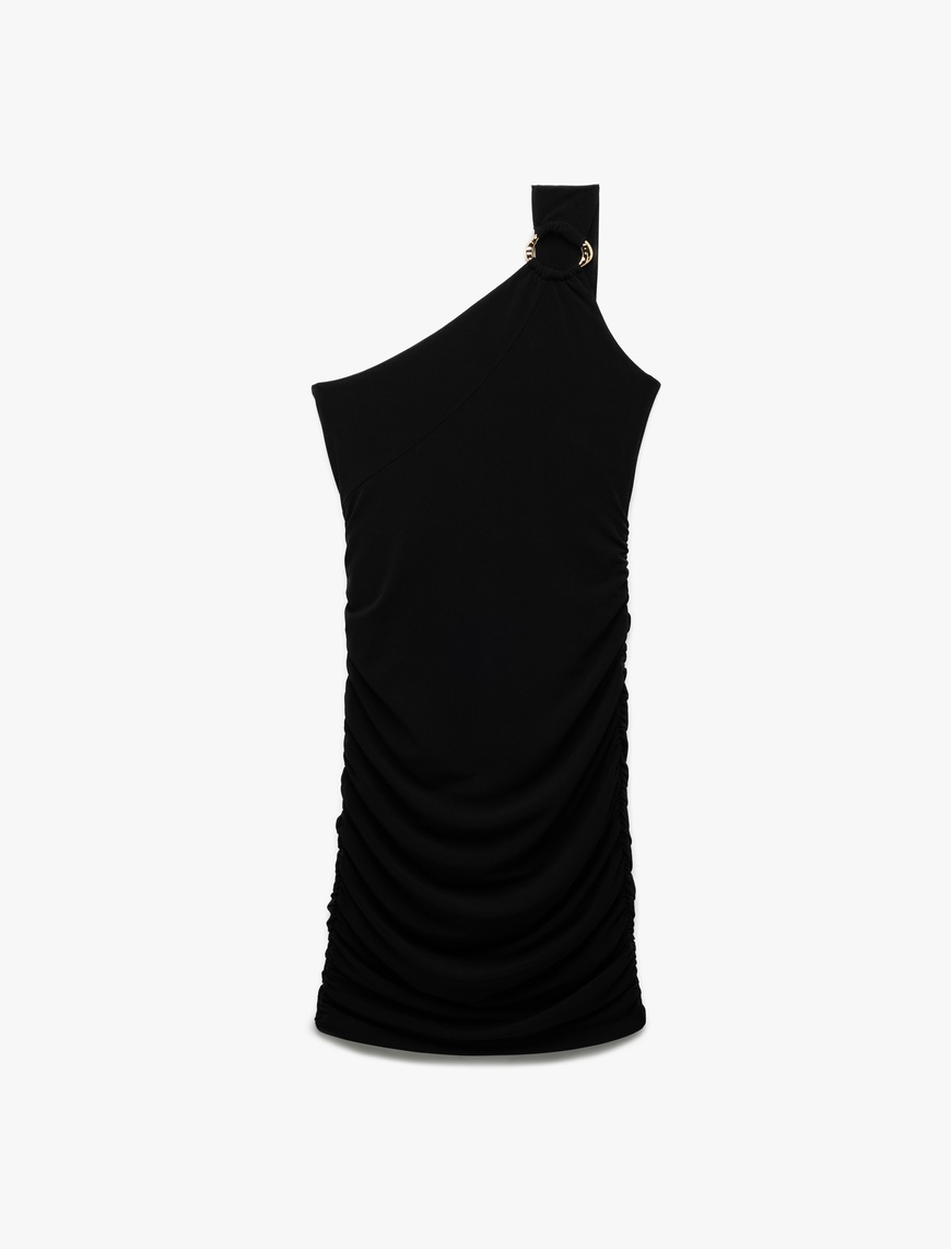   Astarlı Aksesuar Detaylı Slim Fit Drapeli Mini Tek Omuz Elbise