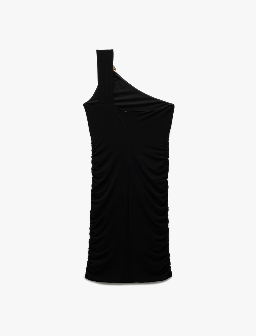   Astarlı Aksesuar Detaylı Slim Fit Drapeli Mini Tek Omuz Elbise