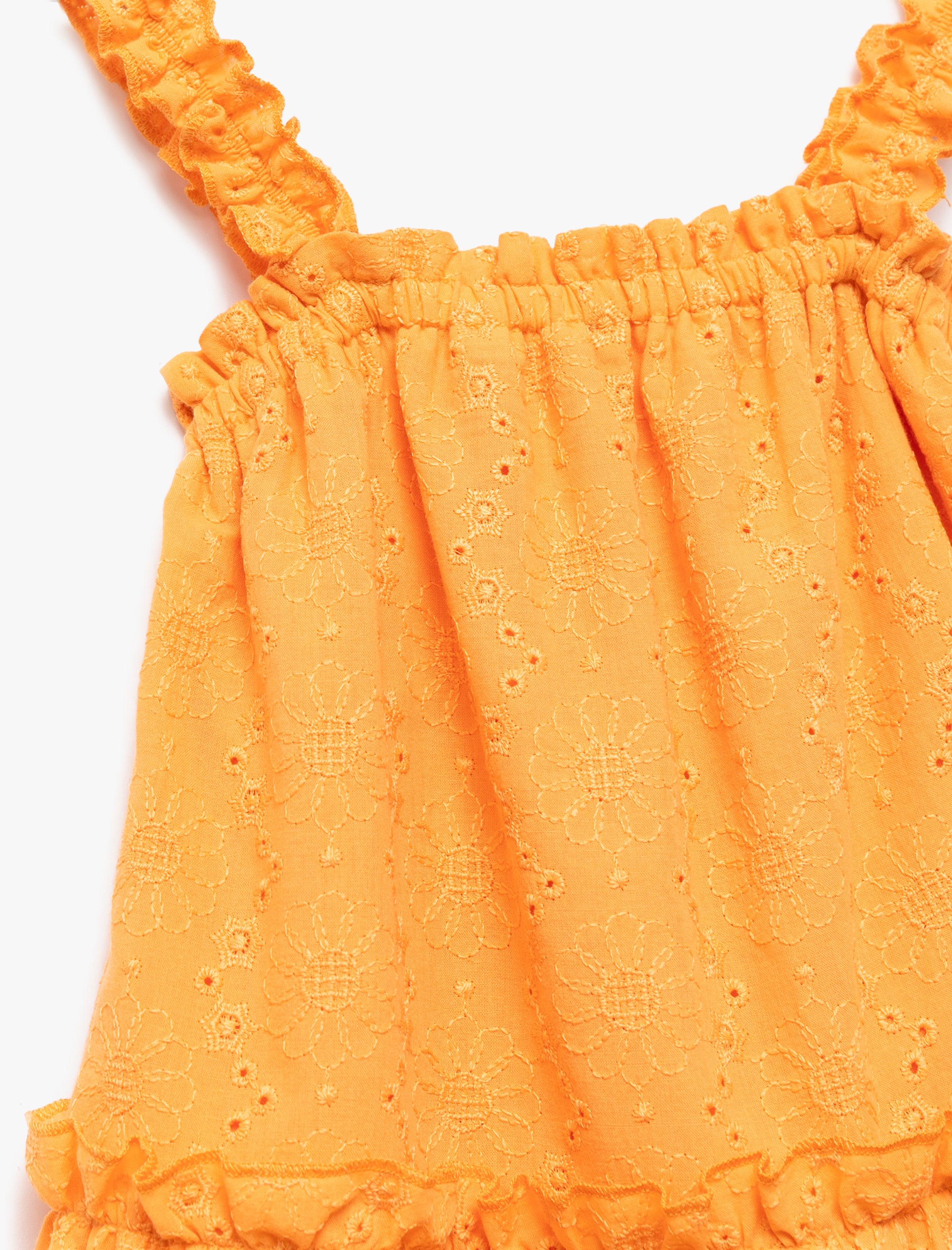  Kız Bebek Fırfır Detaylı Pamuklu Brode Katmanlı Kare Yaka Askılı Elbise