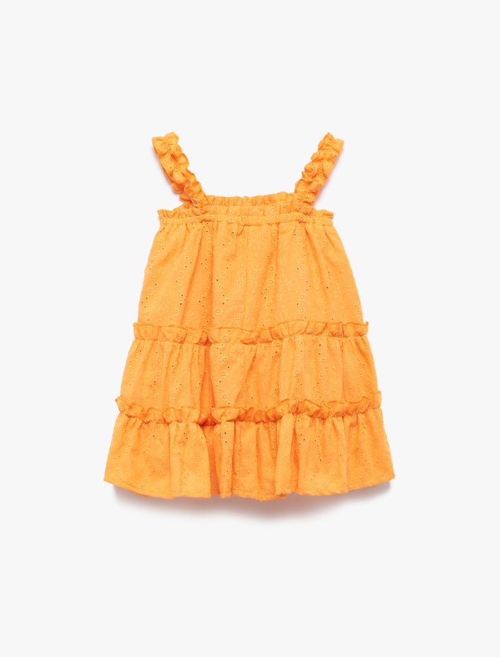 Kız Bebek Fırfır Detaylı Pamuklu Brode Katmanlı Kare Yaka Askılı Elbise