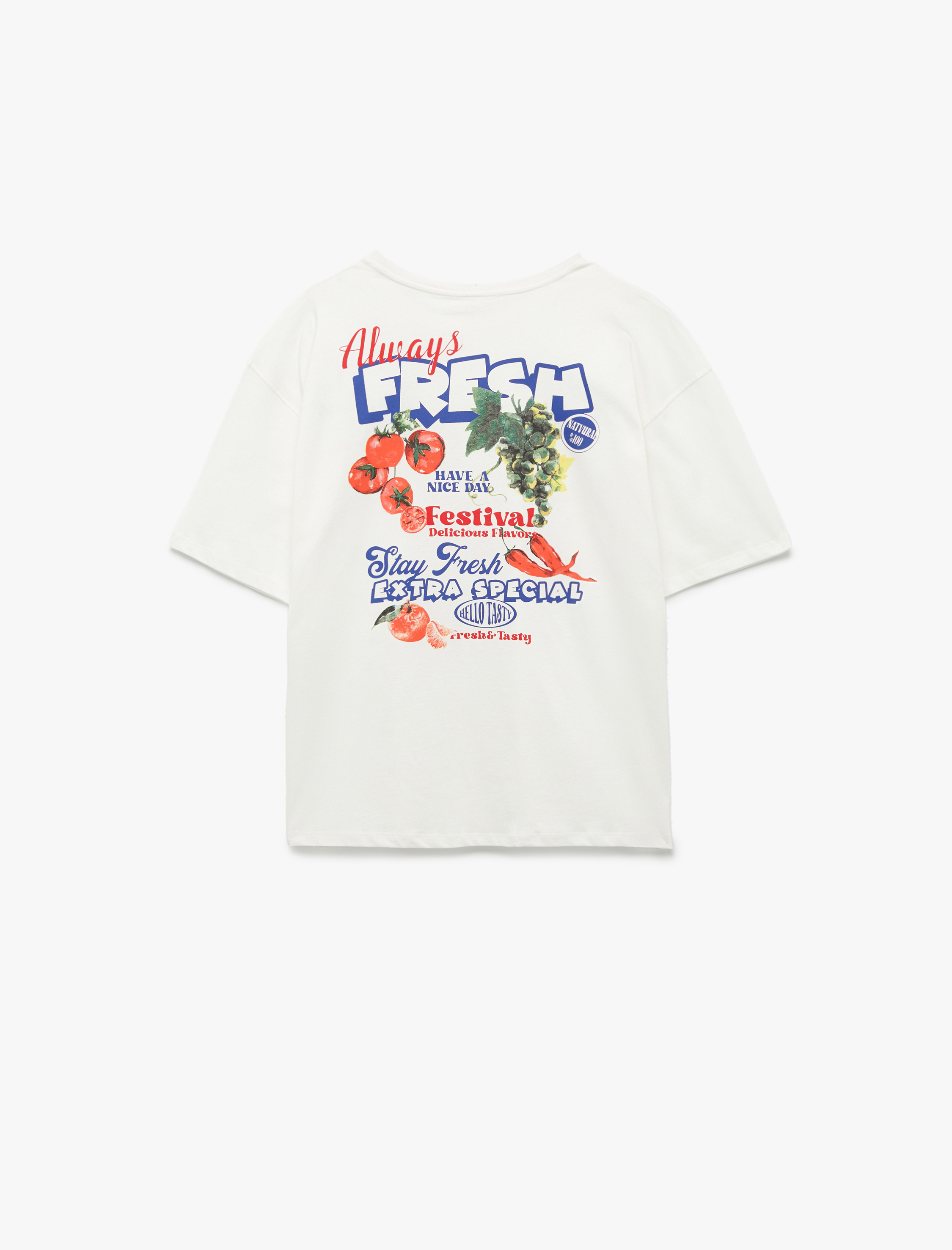  Kız Çocuk Pamuklu Kısa Kollu Bisiklet Yaka Arkası Meyve Baskılı Bol Kalıp Tişört