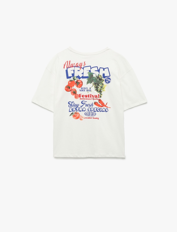 Kız Çocuk Pamuklu Kısa Kollu Bisiklet Yaka Arkası Meyve Baskılı Bol Kalıp Tişört