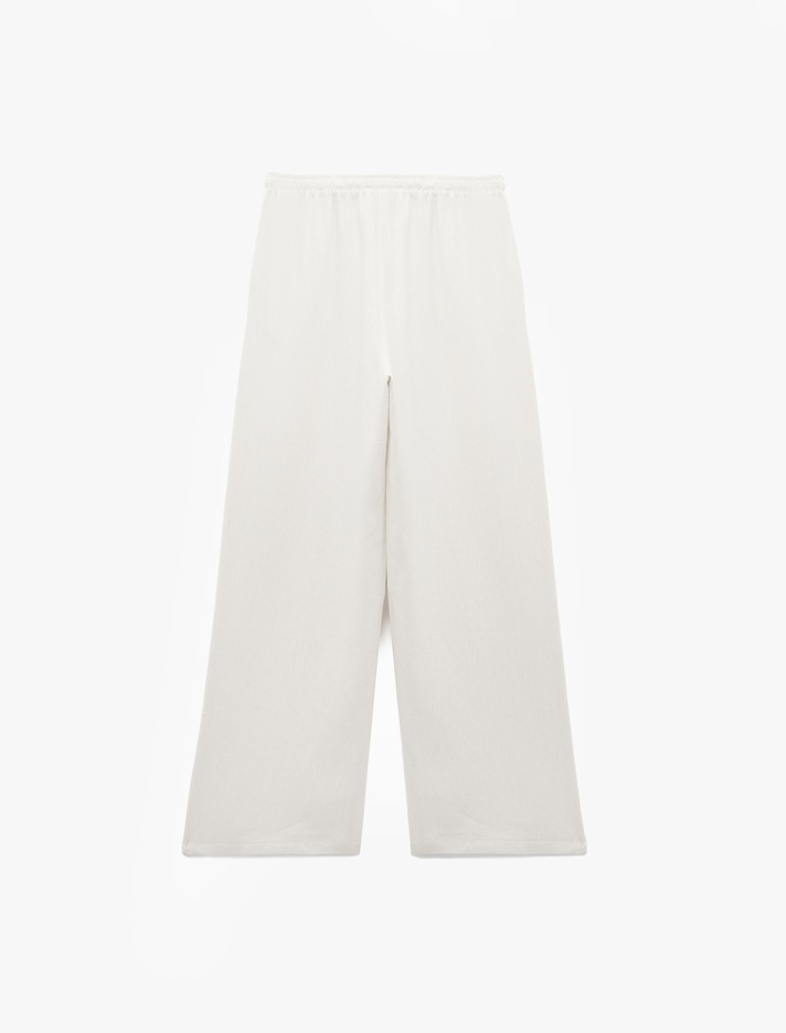  Beli Bağcıklı Geniş Paça Keten Karışımlı Pantolon