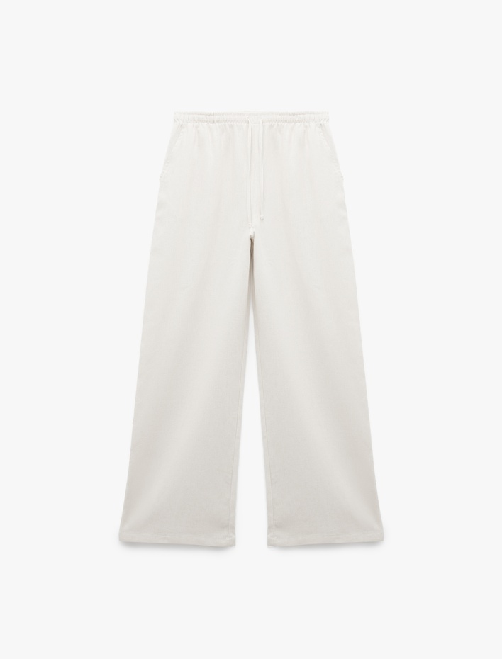  Beli Bağcıklı Geniş Paça Keten Karışımlı Pantolon