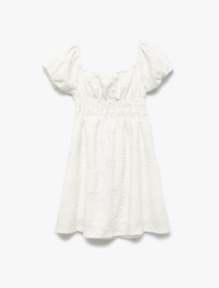 Kız Çocuk Bisiklet Yaka Brode Fiyonk Detaylı Balon Kollu Elbise