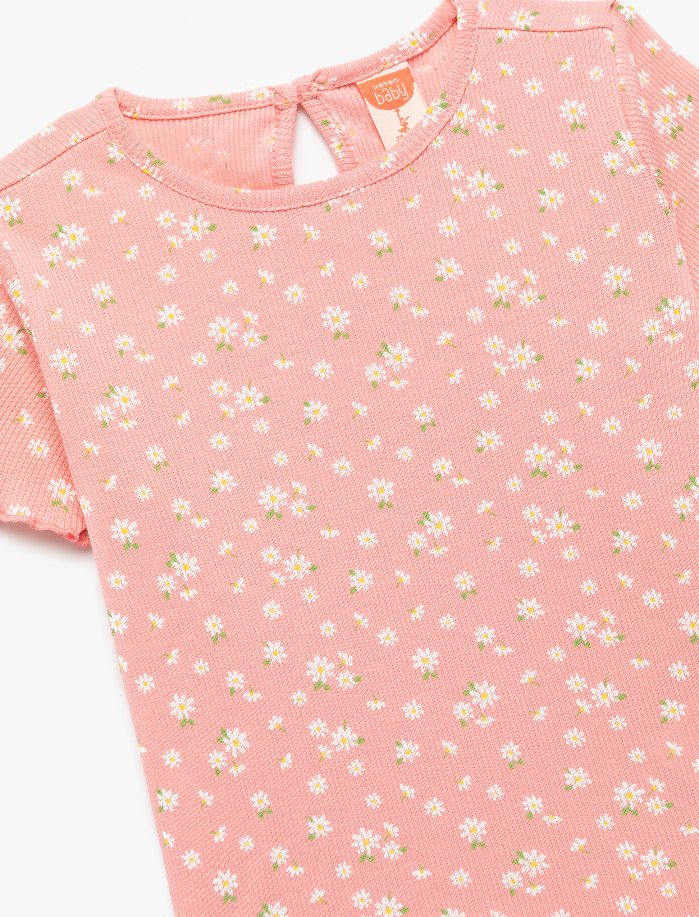  Kız Bebek Bisiklet Yaka Pamuklu Kaşkorse Kısa Kollu Çiçekli Tişört