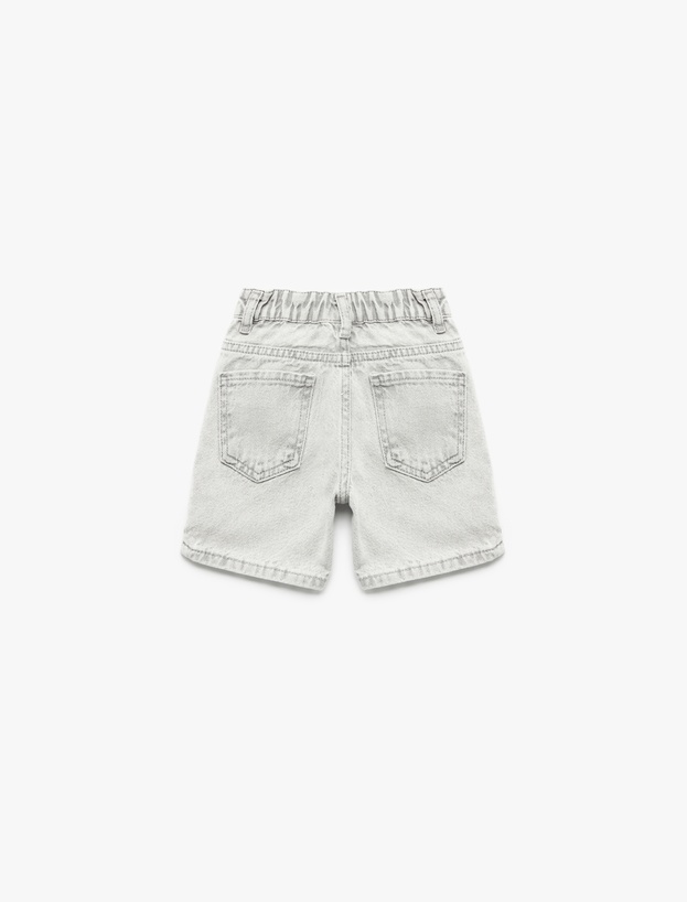 Beli Lastikli Düğmeli Cepli Pamuklu Denim Şort_1