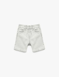 Beli Lastikli Düğmeli Cepli Pamuklu Denim Şort