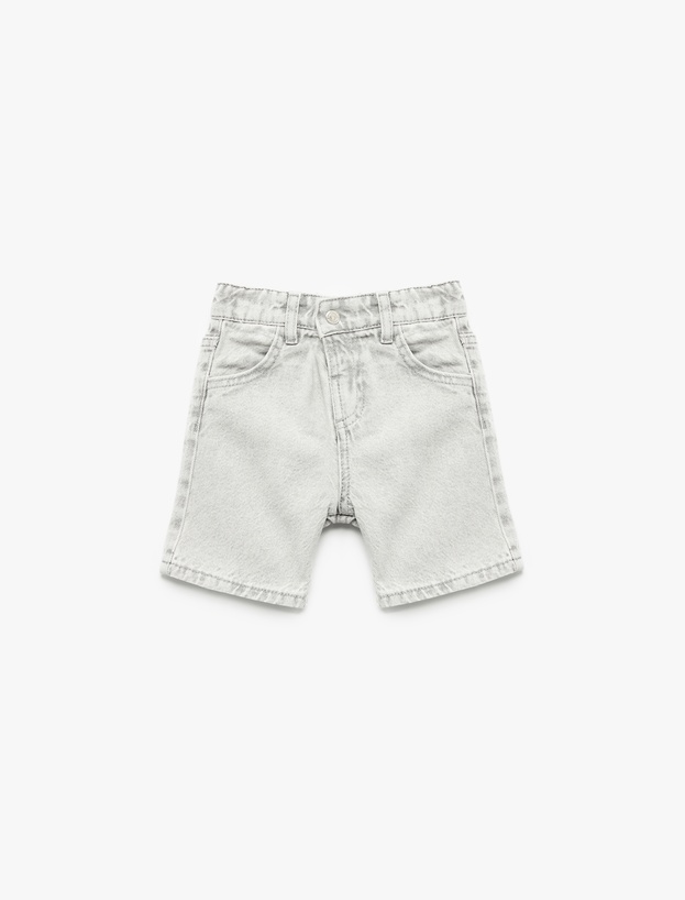Beli Lastikli Düğmeli Cepli Pamuklu Denim Şort_0