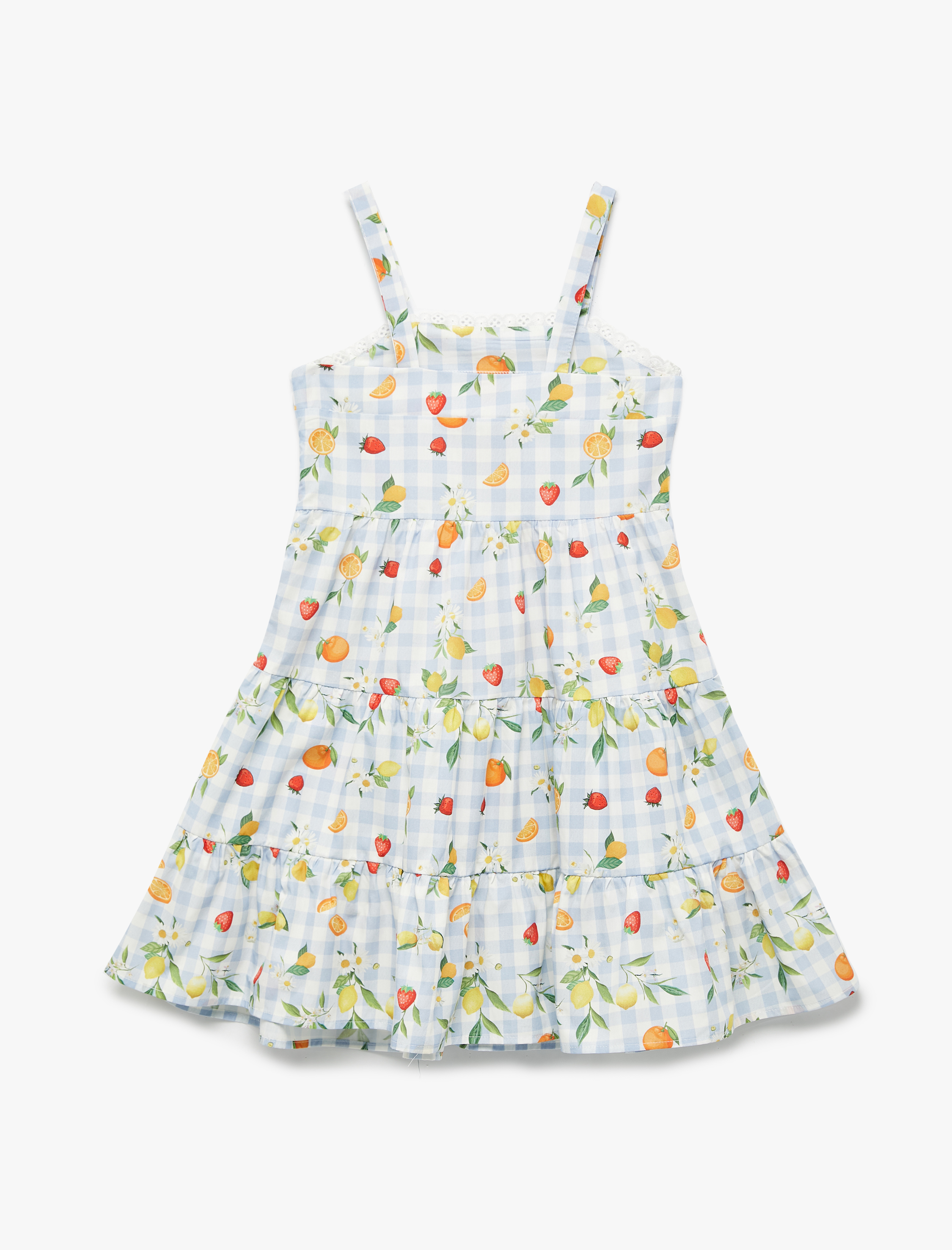 Kız Çocuk Pamuklu Poplin Dantel Detaylı Meyve Desenli Bol Kalıp Katlı İnce Askılı Elbise