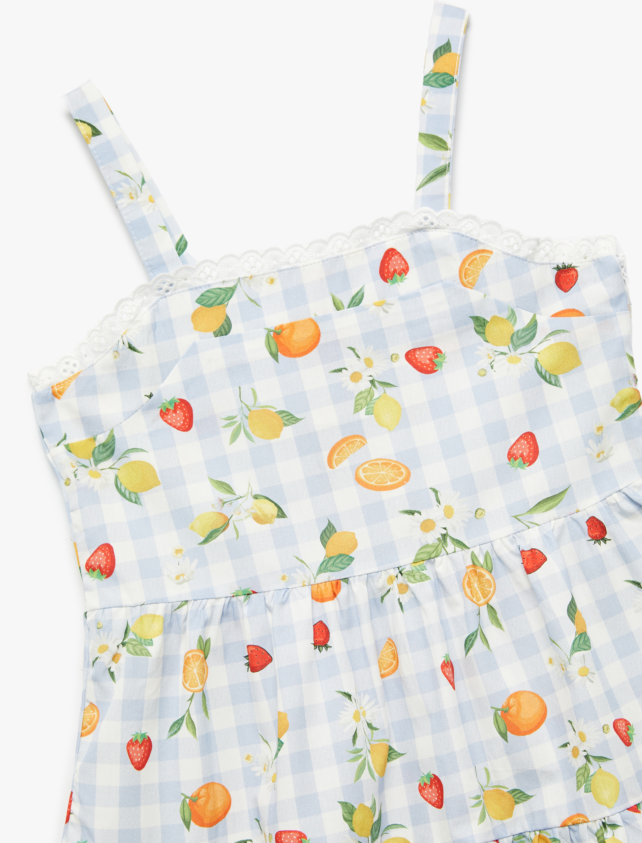 Kız Çocuk Pamuklu Poplin Dantel Detaylı Meyve Desenli Bol Kalıp Katlı İnce Askılı Elbise