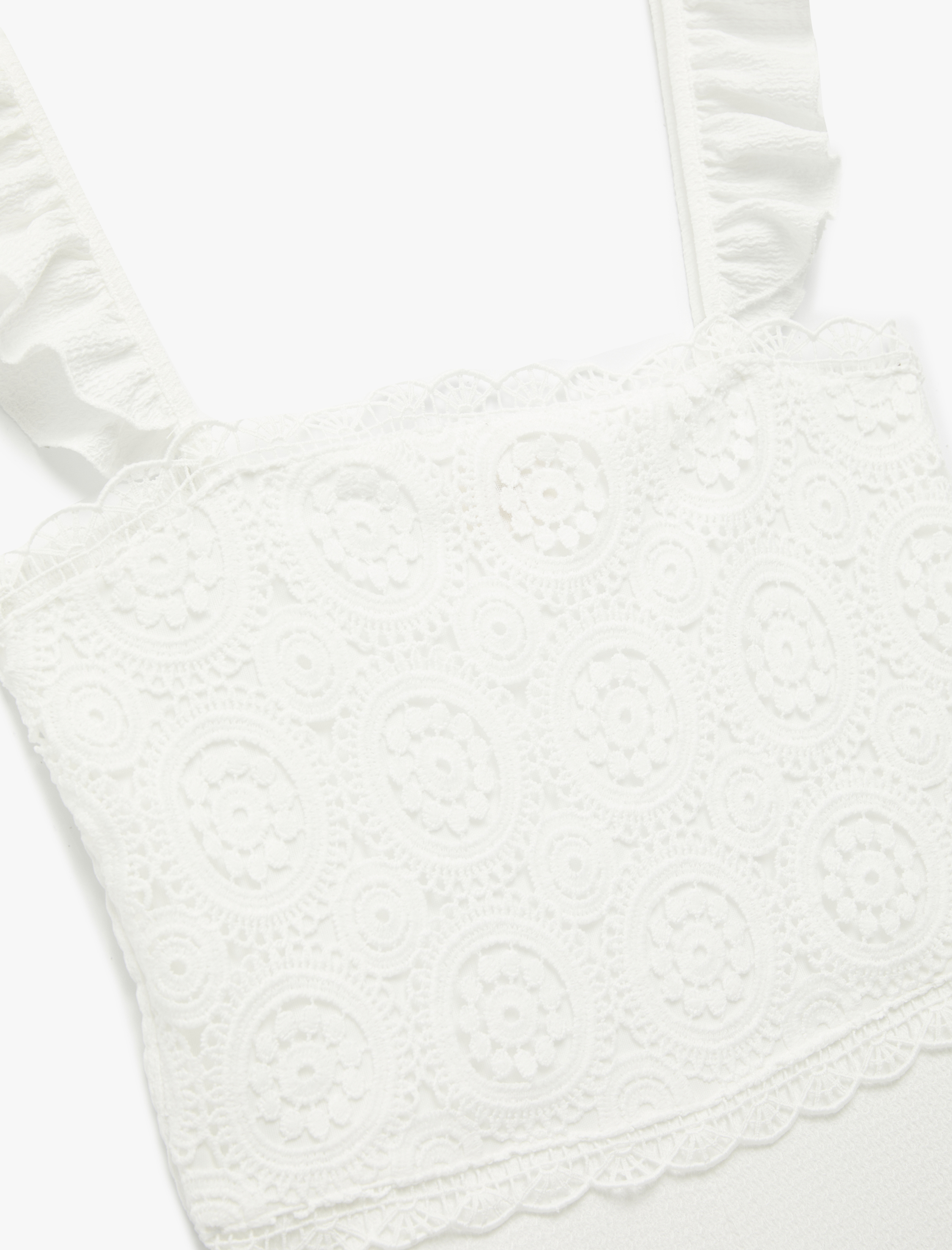 Kız Çocuk Bürümcük Kumaş Dantelli Boredeli Fırfır Detaylı Astarlı Kare Yaka Askılı Tulum