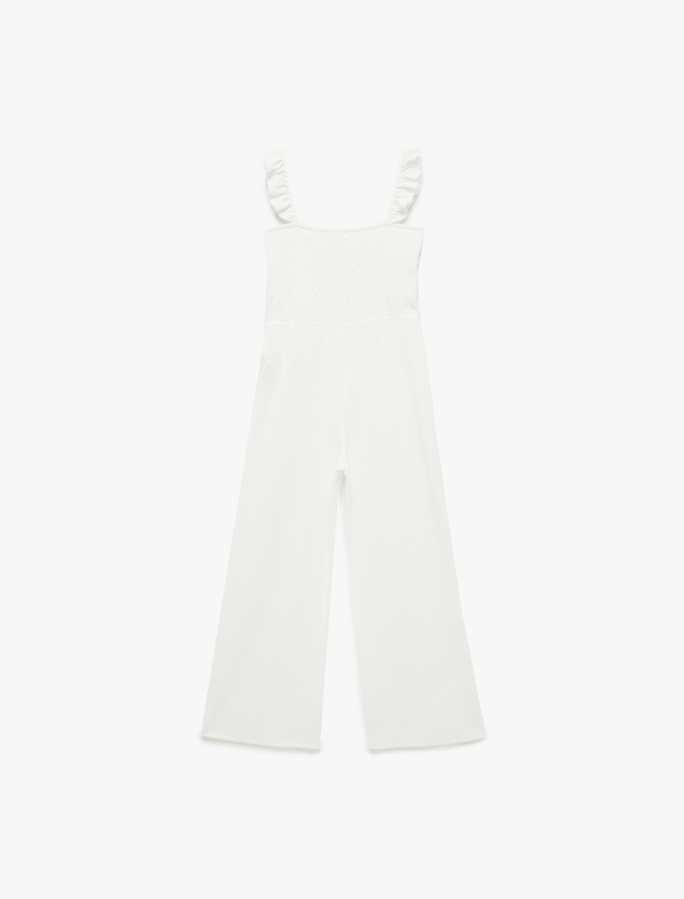 Kız Çocuk Bürümcük Kumaş Dantelli Boredeli Fırfır Detaylı Astarlı Kare Yaka Askılı Tulum