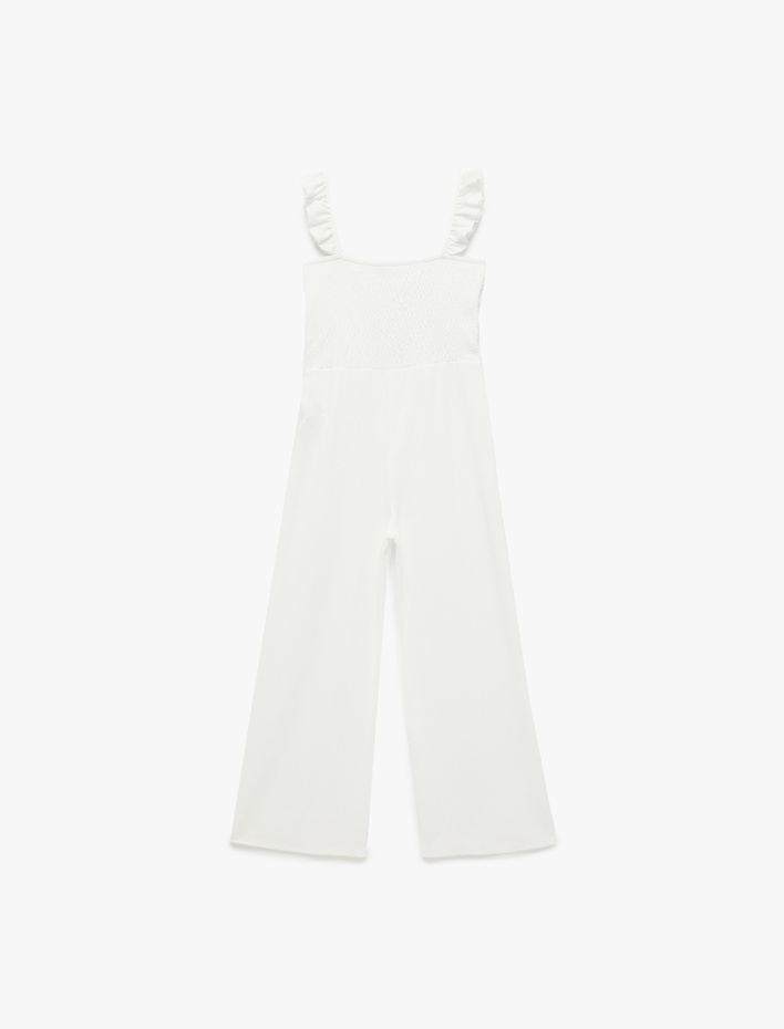 Kız Çocuk Bürümcük Kumaş Dantelli Boredeli Fırfır Detaylı Astarlı Kare Yaka Askılı Tulum