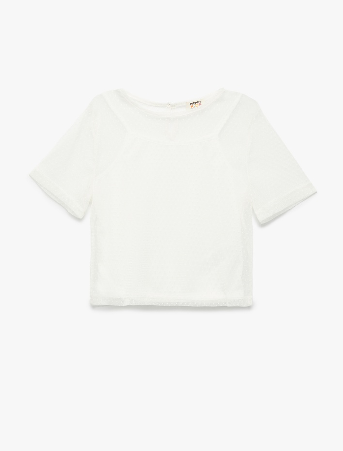 Kız Çocuk Astarlı Kısa Kollu Bisiklet Yaka Tül Crop Bluz