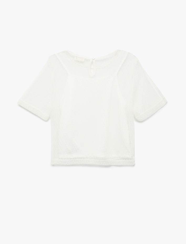 Kız Çocuk Astarlı Kısa Kollu Bisiklet Yaka Tül Crop Bluz