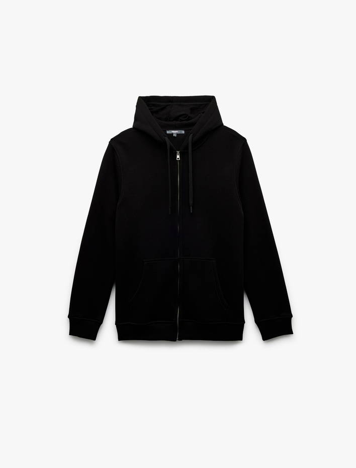  Uzun Kollu Şardonlu Fermuarlı Kanguru Cepli Sweatshirt