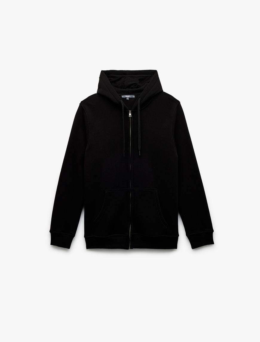   Uzun Kollu Şardonlu Fermuarlı Kanguru Cepli Sweatshirt