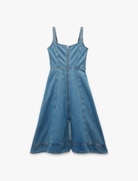 Kare Yaka Kolsuz Fermuar Detaylı A Kesim Yırtmaçlı Midi Denim Elbise