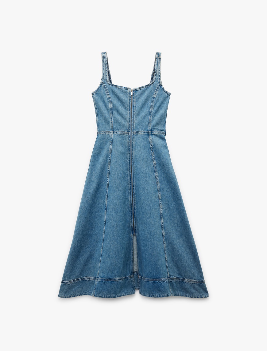   Kare Yaka Kolsuz Fermuar Detaylı A Kesim Yırtmaçlı Midi Denim Elbise