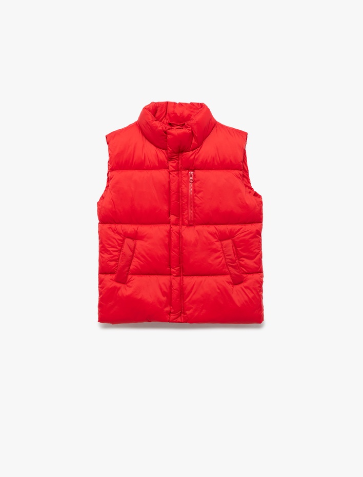 Kız Çocuk Dik Yaka Cep Detaylı Bol Kalıp Fermuarlı Kolsuz Şişme Yelek